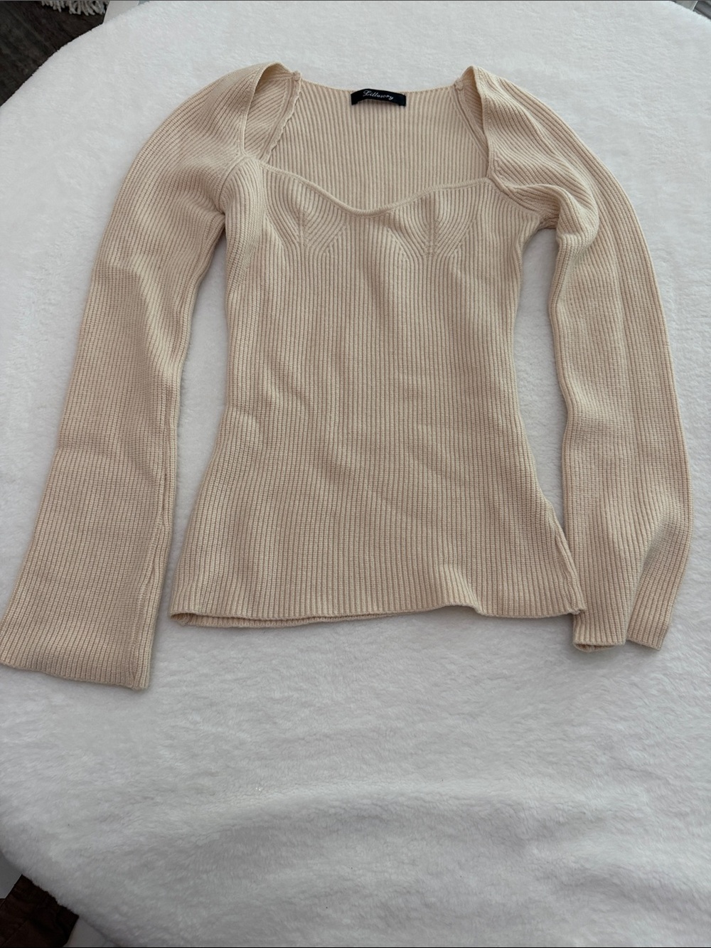 Square-Neck Ribbed Sweater Top - Cream